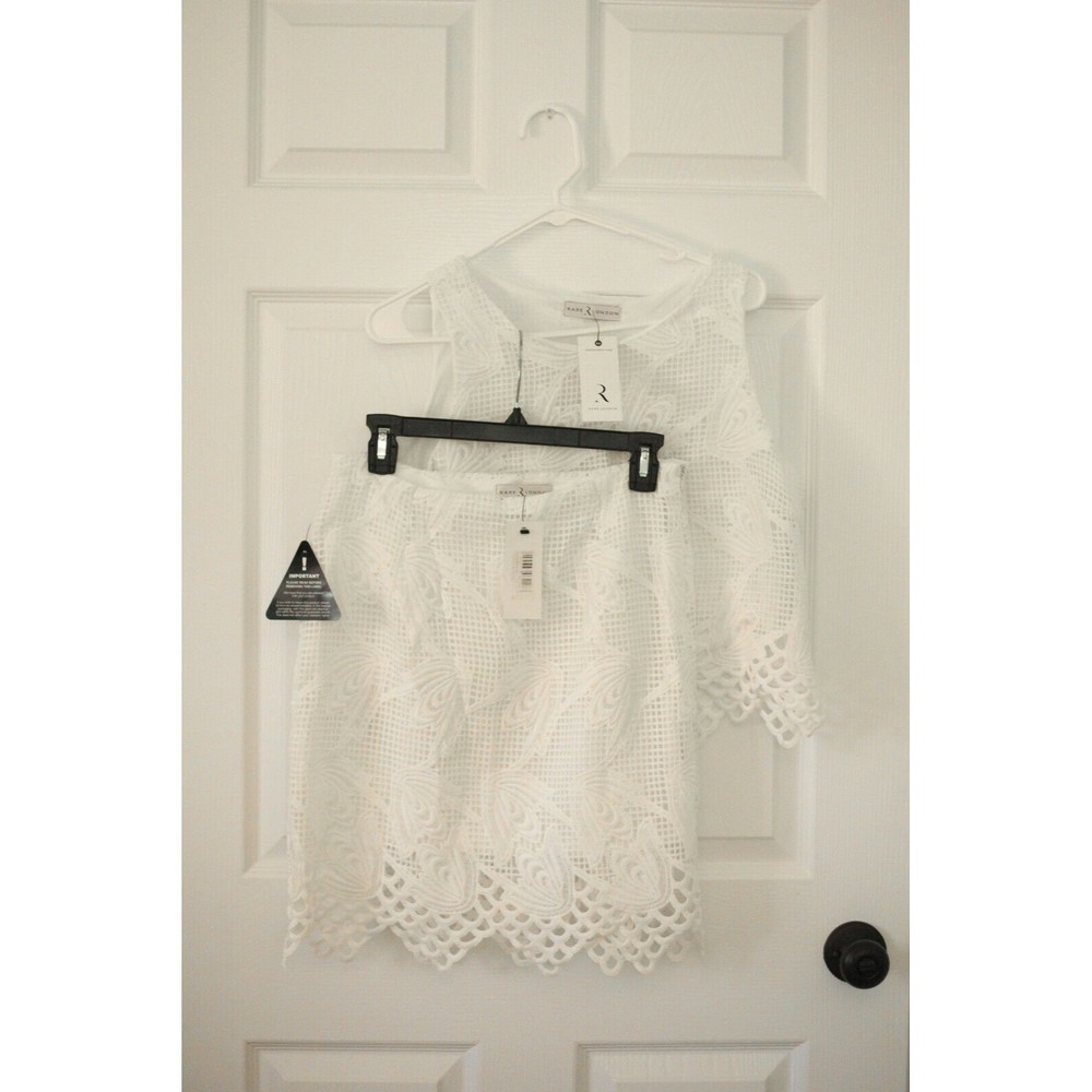 NWT RARE LONDON Women's Sz L Crochet Knit 2 Pcs Set Top And Skirt Lined White - Picture 5 of 12